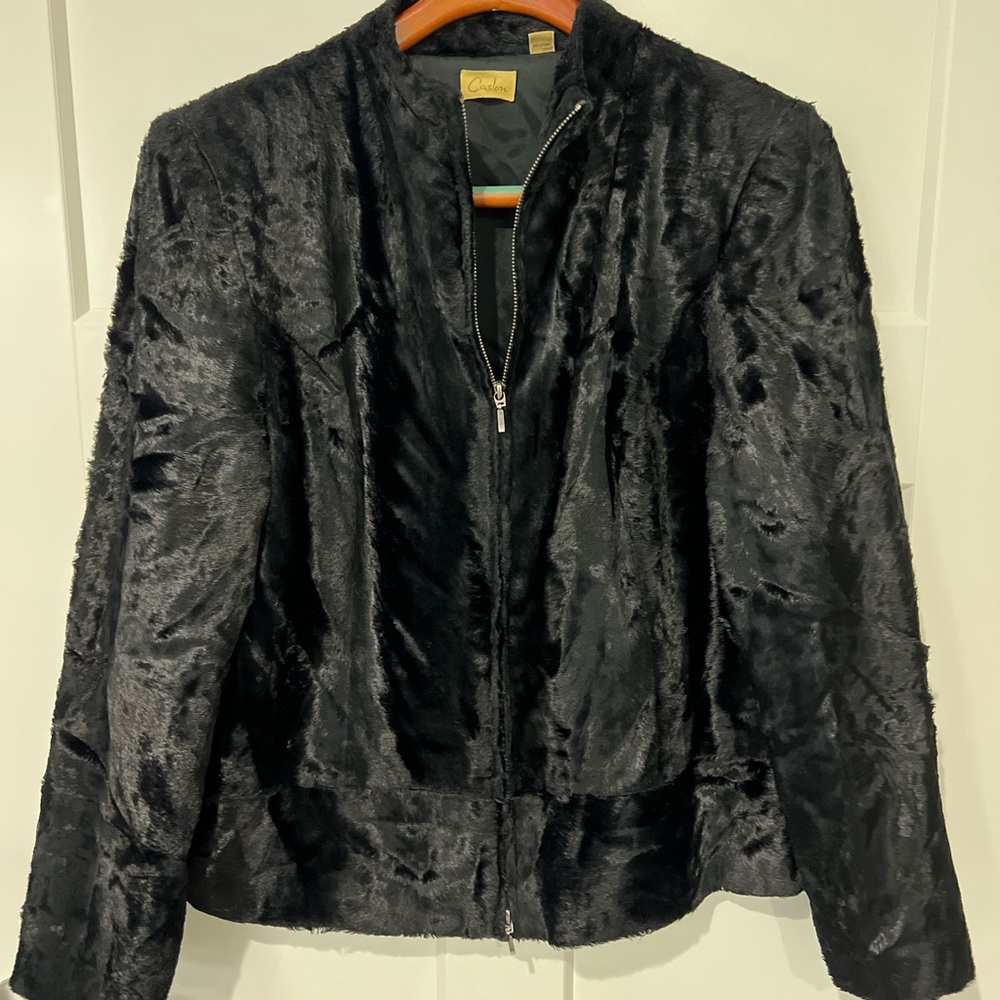 Vintage Caslon Black Teddy Faux Short Crushex Fur Jacket Sz L